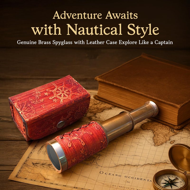NauticalMart Brass Pirate Telescope 6 Inch Nautical Spyglass Collapsible Monocular for Adventure Enthusiasts Gift | Solid Brass Handheld Telescope with Leather Handle for Adult Telescopes - Image 2